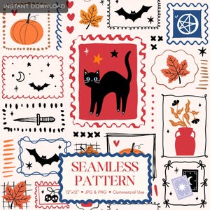 May include: A seamless pattern design with Halloween and autumn themes. The design includes a black cat, pumpkins, bats, maple leaves, and other spooky elements. The words "SEAMLESS PATTERN" are displayed in a blue frame. The pattern is available as a 30.48cm x 30.48cm JPG and PNG file.