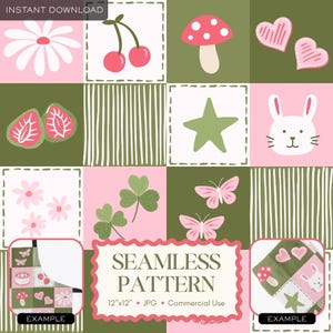 Puede incluir: Un diseño de patrón sin costuras con cuadrados que contienen ilustraciones de cerezas, champiñones, corazones, fresas, una estrella, un conejito, flores, tréboles y mariposas. El texto "SEAMLESS PATTERN" se muestra en un marco decorativo.