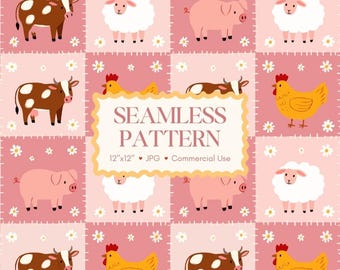 Rosa Tiere auf dem Bauernhof Patchwork Muster | Niedliche Kuh Schwein Schaf Huhn Digitales Papier Kinder Kinderzimmer Stoffdesign | Kommerzielle Nutzung 300dpi