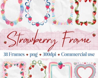 38 Strawberry Frame PNG-bundel | 300 dpi | Afdrukbare digitale transparante fotolijsten | Commercieel gebruik