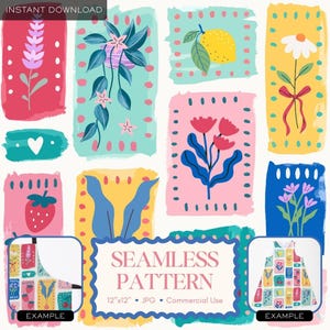 May include: A vibrant seamless pattern design with illustrations of flowers, a lemon, and a strawberry. The design is set against a white backdrop and includes the text "SEAMLESS PATTERN" and "12"x12" JPG Commercial Use".