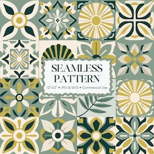 Green Botanical Tile Seamless Repeating Pattern | Tropical Mediterranean Leaf Floral | Digital Paper Fabric & Crafts | SVG Commercial Use