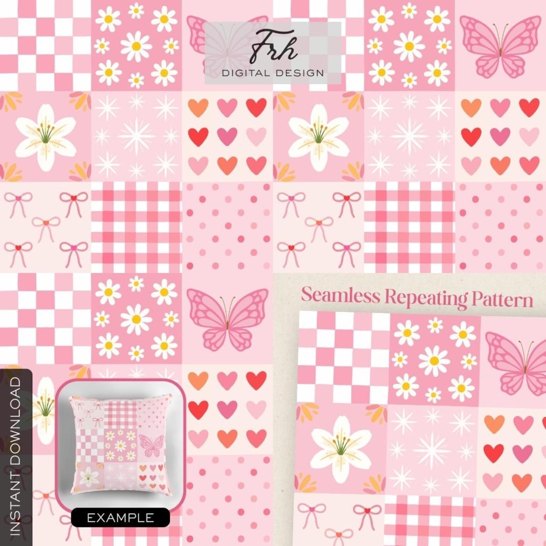 Pink Coquette Seamless Pattern Y2K Girly Patchwork Quilt Digital Paper ...