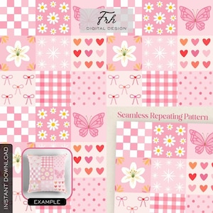 Puede incluir: Un patrón repetitivo sin costuras en rosa con cuadrados de margaritas, mariposas, corazones, lazos y cuadros vichy. El diseño incluye el texto "Seamless Repeating Pattern" y "Frh Digital Design". Se muestra un ejemplo de cojín.
