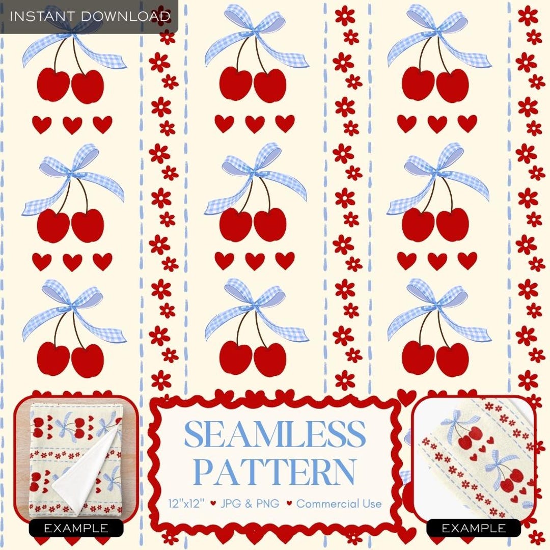 Cherry Seamless Pattern Cottagecore Gingham Bow Coquette Digital Paper ...