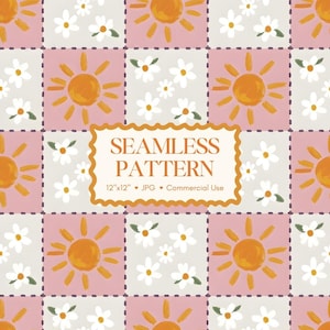 Peut inclure: Un motif sans couture avec une grille de carrés roses et gris clair. Chaque carré contient un soleil jaune et des marguerites blanches. Le texte "SEAMLESS PATTERN" est dans un cadre décoratif. Le motif est de 12"x12".