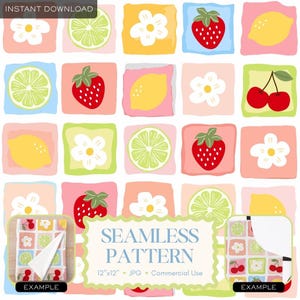 May include: A colorful seamless pattern design featuring squares with illustrations of fruits and flowers. The fruits include strawberries, lemons, limes, and cherries. The text "SEAMLESS PATTERN" is displayed below the pattern, along with size and usage information.