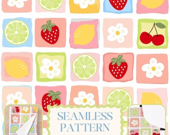 Scandi Volkskunst Obst Patchwork Muster, Kawaii Blumen Kinderzimmer Erdbeere Kirsche Zitrone Limette Digitales Papier, Zitrus Sommer Hintergrund