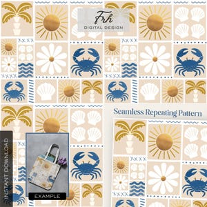 May include: A repeating beach-themed pattern with palm trees, suns, crabs, seashells, and daisies in a grid. The design includes the text "Frh DIGITAL DESIGN" and "Seamless Repeating Pattern". An example tote bag is shown.