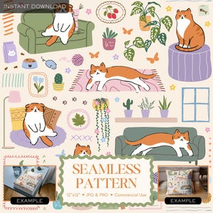 Puede incluir: Diseño de patrón sin costuras con gatos de dibujos animados, plantas y muebles. El diseño incluye el texto "SEAMLESS PATTERN" y mide 30,48 cm x 30,48 cm. También hay comida y elementos decorativos.