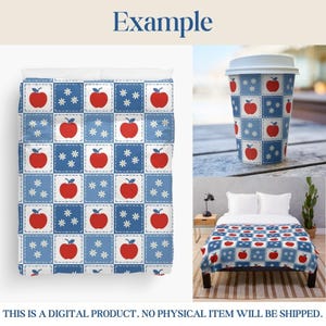 K&ouml;nnte beinhalten: Ein digitales Produkt mit einem Muster aus roten &Auml;pfeln und wei&szlig;en Blumen auf blau-wei&szlig;en Quadraten. Das Muster wird auf einem Bettbezug, einem Kaffeebecher und einer Decke gezeigt. Das Wort "Example" steht oben.