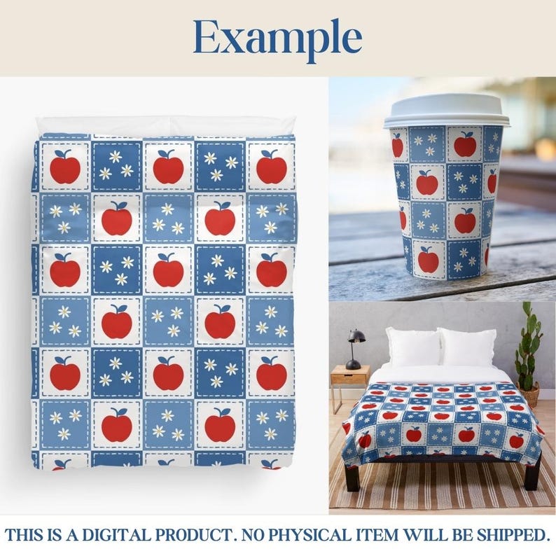 K&ouml;nnte beinhalten: Ein digitales Produkt mit einem Muster aus roten &Auml;pfeln und wei&szlig;en Blumen auf blau-wei&szlig;en Quadraten. Das Muster wird auf einem Bettbezug, einem Kaffeebecher und einer Decke gezeigt. Das Wort "Example" steht oben.