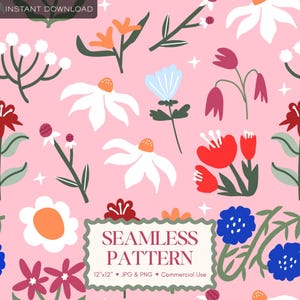 May include: A seamless pattern featuring various stylised flowers in white, red, blue, orange, and magenta on a light pink background. The design includes small white stars and a central label with the text SEAMLESS PATTERN 12x12 JPG & PNG.