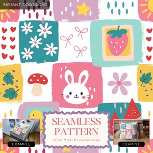 Kawaii Bunny Chicken Seamless Pattern, Nursery Strawberry Digital Paper, Spring Summer Floral Animal Pet Fabric Print Scrapbook Background