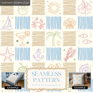 May include: A seamless pattern design featuring hand-drawn beach-themed illustrations, including a sailboat, crab, starfish, and anchor. The design is set on a grid of alternating tan and blue stripes, with the text "SEAMLESS PATTERN".