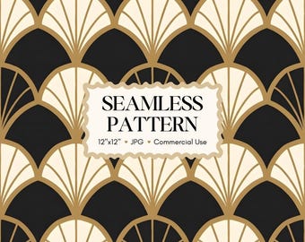 May include: A seamless pattern featuring a repeating art deco fan design in black, cream, and gold. The pattern includes the text "SEAMLESS PATTERN" and the dimensions 12"x12".