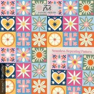May include: A colorful seamless repeating pattern featuring floral and geometric designs in a grid layout. The pattern includes flowers, hearts, and citrus fruit slices in a variety of colors, including blue, pink, orange, and yellow. The text "Frh DIGITAL DESIGN" and "INSTANT DOWNLOAD" are visible.