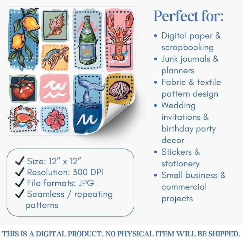 May include: Digital art print featuring watercolor illustrations of lemons, seashells, a turtle, a bottle, a lobster, a tomato, waves, a whale tail, a seashell, a crab, and a hibiscus flower. The size is 12" x 12".