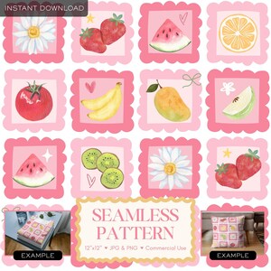 May include: A digital seamless pattern design featuring watercolor illustrations of various fruits and flowers, including strawberries, watermelon, bananas, and daisies, set against a pink background. The design includes the text "SEAMLESS PATTERN".