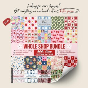 Op de afbeelding: Een digitale designbundel met patronen met aardbeien, madeliefjes en hondenillustraties. De afbeelding bevat de tekst "WHOLE SHOP BUNDLE" en "800+ bestanden". Een rood "SALE"-label staat in de linkerbovenhoek.