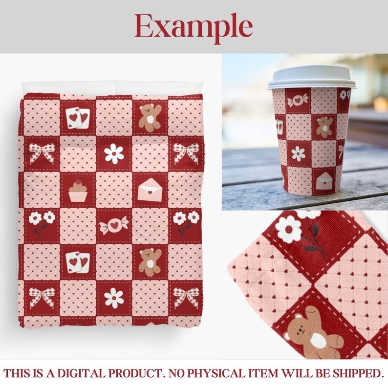 Op de afbeelding: Een rood en roze patchwork ontwerp met harten, teddyberen, strikken, bloemen en enveloppen. Het ontwerp staat op een dekbedovertrek en een koffiebeker. Het woord "Example" staat bovenaan.