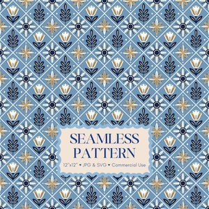 May include: A seamless pattern design featuring a repeating floral and geometric motif in shades of blue, white, and gold. The design includes stylized flowers, leaves, and starburst elements arranged in a grid pattern. The text "SEAMLESS PATTERN" is displayed on a cream-colored banner.