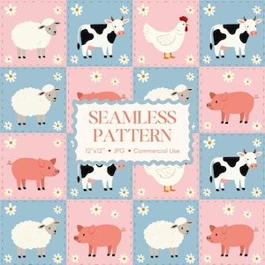 May include: A repeating pattern with illustrations of farm animals including sheep, cows, pigs, and chickens. The design is set on a grid of pink and blue squares, decorated with white daisy accents. The text "SEAMLESS PATTERN" is displayed.