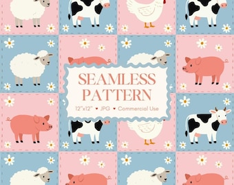 Pastel Farm Animals Patchwork Seamless Pattern | Cute Cow Pig Sheep Chicken Digital Paper Kids Nursery Fabric Design | Commercial Use 300dpi