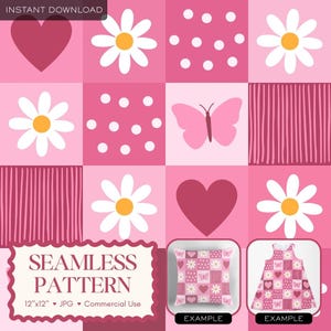Pode incluir: Um design de padrão rosa sem costura com corações, margaridas, bolinhas, uma borboleta e listras verticais. As palavras "SEAMLESS PATTERN" são exibidas. Exemplos de uma almofada e um vestido são mostrados.