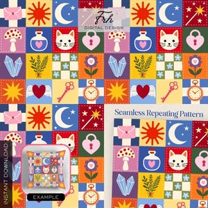 Puede incluir: Un colorido patrón repetitivo sin costuras con ilustraciones caprichosas. El diseño incluye cuadrados con una cara de gato, un corazón con alas, un sol, una luna, una seta, una llave y otros elementos mágicos. El texto "Seamless Repeating Pattern" es visible.