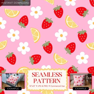 May include: A seamless pattern featuring red strawberries, yellow lemon slices, and white flowers on a pink background. The design is repeated across the surface. The text "SEAMLESS PATTERN" is displayed in the image.