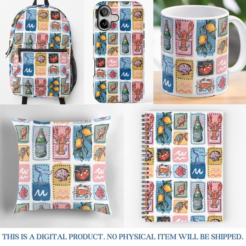 May include: A collection of products featuring a colorful, repeating pattern of sea-themed illustrations. The items include a backpack, phone case, mug, pillow, and spiral notebook. The pattern includes images of lemons, lobsters, and bottles.