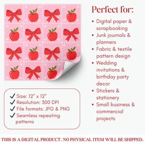 K&ouml;nnte beinhalten: Ein rosa digitales Papierdesign mit einem sich wiederholenden Muster aus roten &Auml;pfeln und Schleifen. Das Design ist 30,48 cm x 30,48 cm gro&szlig;, hat eine Aufl&ouml;sung von 300 DPI und ist in den Formaten JPG und PNG erh&auml;ltlich. Geeignet f&uuml;r digitales Papier, Scrapbooking und Textildesign.