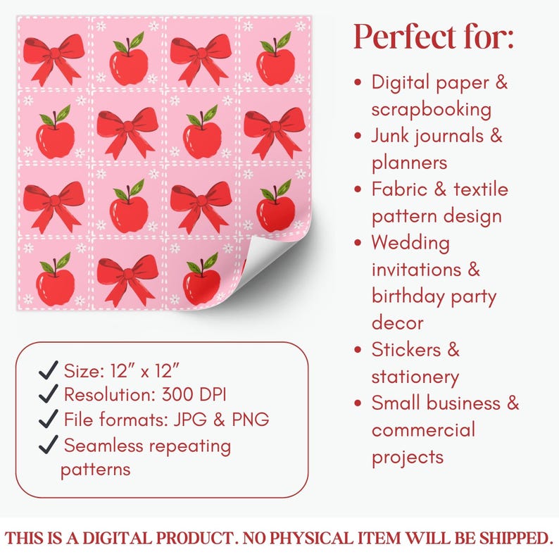 K&ouml;nnte beinhalten: Ein rosa digitales Papierdesign mit einem sich wiederholenden Muster aus roten &Auml;pfeln und Schleifen. Das Design ist 30,48 cm x 30,48 cm gro&szlig;, hat eine Aufl&ouml;sung von 300 DPI und ist in den Formaten JPG und PNG erh&auml;ltlich. Geeignet f&uuml;r digitales Papier, Scrapbooking und Textildesign.