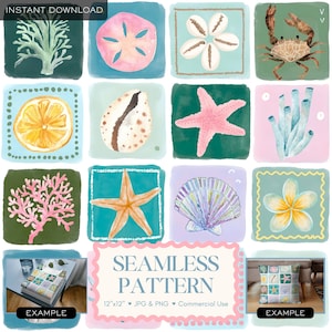 Watercolor Coastal Patchwork Seamless Pattern, Preppy Nautical Digital Paper, Lemon Crab Shell Floral Summer Tropical Beach Printable PNG