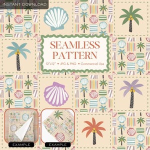 May include: A seamless pattern design featuring seashells, palm trees, and geometric shapes in pastel colours on a beige background. The text "SEAMLESS PATTERN" is displayed in a green-bordered frame. Includes "12"x12" JPG & PNG Commercial Use".