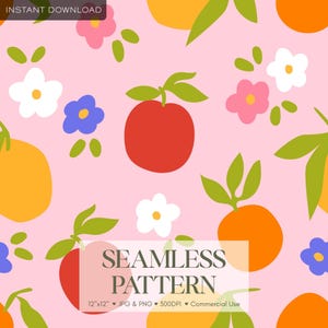 May include: A seamless pattern featuring red apples, orange citrus fruits, and small white, pink, and blue flowers with green leaves on a light pink background. The text reads INSTANT DOWNLOAD, SEAMLESS PATTERN, 12"x12", JPG & PNG, 300DPI, Commercial Use.