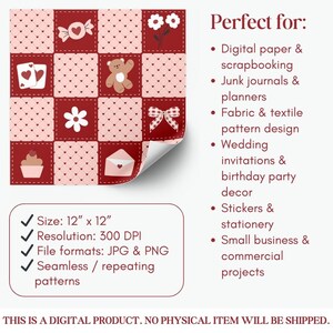 Op de afbeelding: Een digitaal patroon met een herhalend ontwerp van rode vierkanten en roze harten. Elk vierkant heeft een andere illustratie, waaronder een snoepje, bloemen, speelkaarten, een teddybeer, een bloem, een strik, een cupcake en een envelop. De afmeting is 30,48 cm x 30,48 cm.