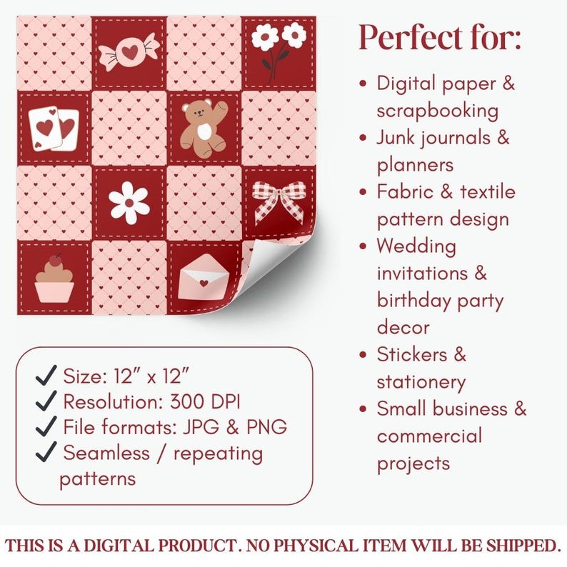 Op de afbeelding: Een digitaal patroon met een herhalend ontwerp van rode vierkanten en roze harten. Elk vierkant heeft een andere illustratie, waaronder een snoepje, bloemen, speelkaarten, een teddybeer, een bloem, een strik, een cupcake en een envelop. De afmeting is 30,48 cm x 30,48 cm.