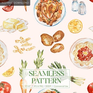 May include: A seamless pattern featuring watercolour illustrations of food items including a roasted chicken, pasta, butter, salt and pepper shakers, lemon slices, carrots, green onions, and tomatoes on a light background with the text SEAMLESS PATTERN.