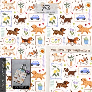 K&ouml;nnte beinhalten: Ein nahtloses, sich wiederholendes Muster mit Illustrationen verschiedener Hunderassen, darunter Golden Retriever und Dackel, sowie botanischen und Fahrzeugmotiven. Ein Beispiel f&uuml;r eine Tragetasche mit dem gleichen Muster ist enthalten, mit den Texten "Sofort-Download" und "Beispiel".