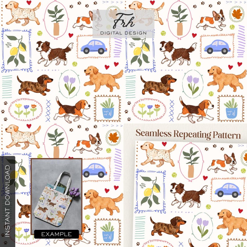 K&ouml;nnte beinhalten: Ein nahtloses, sich wiederholendes Muster mit Illustrationen verschiedener Hunderassen, darunter Golden Retriever und Dackel, sowie botanischen und Fahrzeugmotiven. Ein Beispiel f&uuml;r eine Tragetasche mit dem gleichen Muster ist enthalten, mit den Texten "Sofort-Download" und "Beispiel".