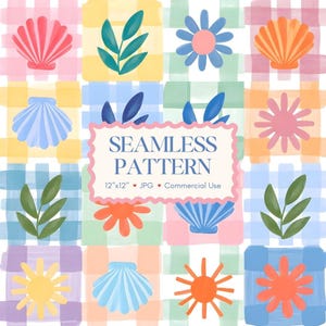 May include: A watercolor seamless pattern featuring a grid of colorful squares with seashells, flowers, and leaves. The text "SEAMLESS PATTERN" is displayed in a decorative frame. The pattern includes pink, blue, orange, and green elements.