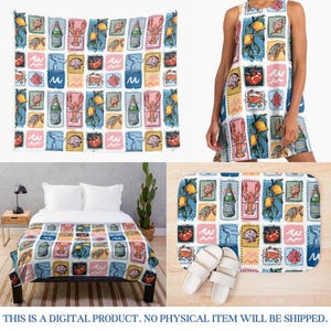 May include: A tapestry, dress, blanket, and bath mat featuring a colorful, repeating pattern of marine life and beverages. The design includes lobsters, lemons, bottles, and seashells in a grid of squares. The text at the bottom reads: THIS IS A DIGITAL PRODUCT. NO PHYSICAL ITEM WILL BE SHIPPED.