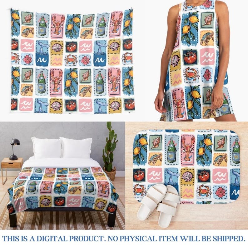 May include: A tapestry, dress, blanket, and bath mat featuring a colorful, repeating pattern of marine life and beverages. The design includes lobsters, lemons, bottles, and seashells in a grid of squares. The text at the bottom reads: THIS IS A DIGITAL PRODUCT. NO PHYSICAL ITEM WILL BE SHIPPED.