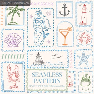 Puede incluir: Un diseño de patrón sin costuras con ilustraciones dibujadas a mano de temas náuticos, incluyendo una sirena, un velero, un ancla y un faro. El diseño incluye el texto "SEAMLESS PATTERN" y está disponible como archivo JPG y PNG de 30,48 cm x 30,48 cm.