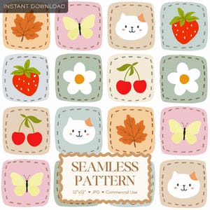 Könnte beinhalten: Ein nahtloses Musterdesign mit verschiedenen niedlichen Illustrationen auf hellem Hintergrund. Das Design umfasst ein Blatt, einen Schmetterling, ein Katzen-Gesicht, eine Erdbeere, eine Blume und Kirschen. Der Text "SEAMLESS PATTERN" wird in einem rechteckigen Rahmen mit den Abmessungen und dem Dateityp angezeigt.