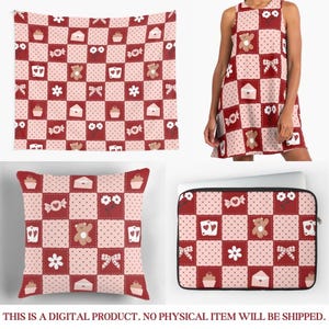Op de afbeelding: Een digitaal product met een patchwork-ontwerp in rode en roze vierkanten. Het ontwerp bevat teddyberen, strikken, bloemen, enveloppen en cupcakes. De afbeelding toont een wandtapijt, jurk, kussen en laptoptas.