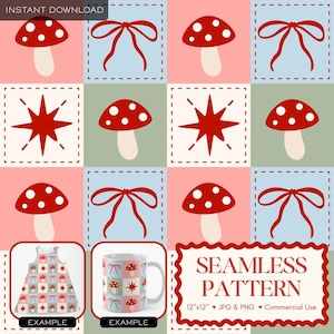 May include: A seamless pattern design with red mushrooms, white-spotted caps, red bows, and starbursts on a pastel colour block background. The design is shown on a dress and a mug. The text reads "SEAMLESS PATTERN".