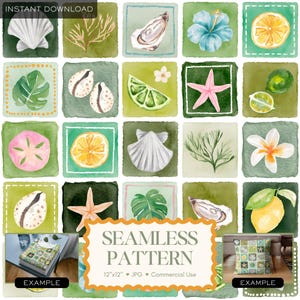 May include: A watercolor seamless pattern featuring various sea elements like seashells, starfish, and citrus fruits, set against green and white square backgrounds. The text "SEAMLESS PATTERN" is displayed, along with dimensions and usage information.